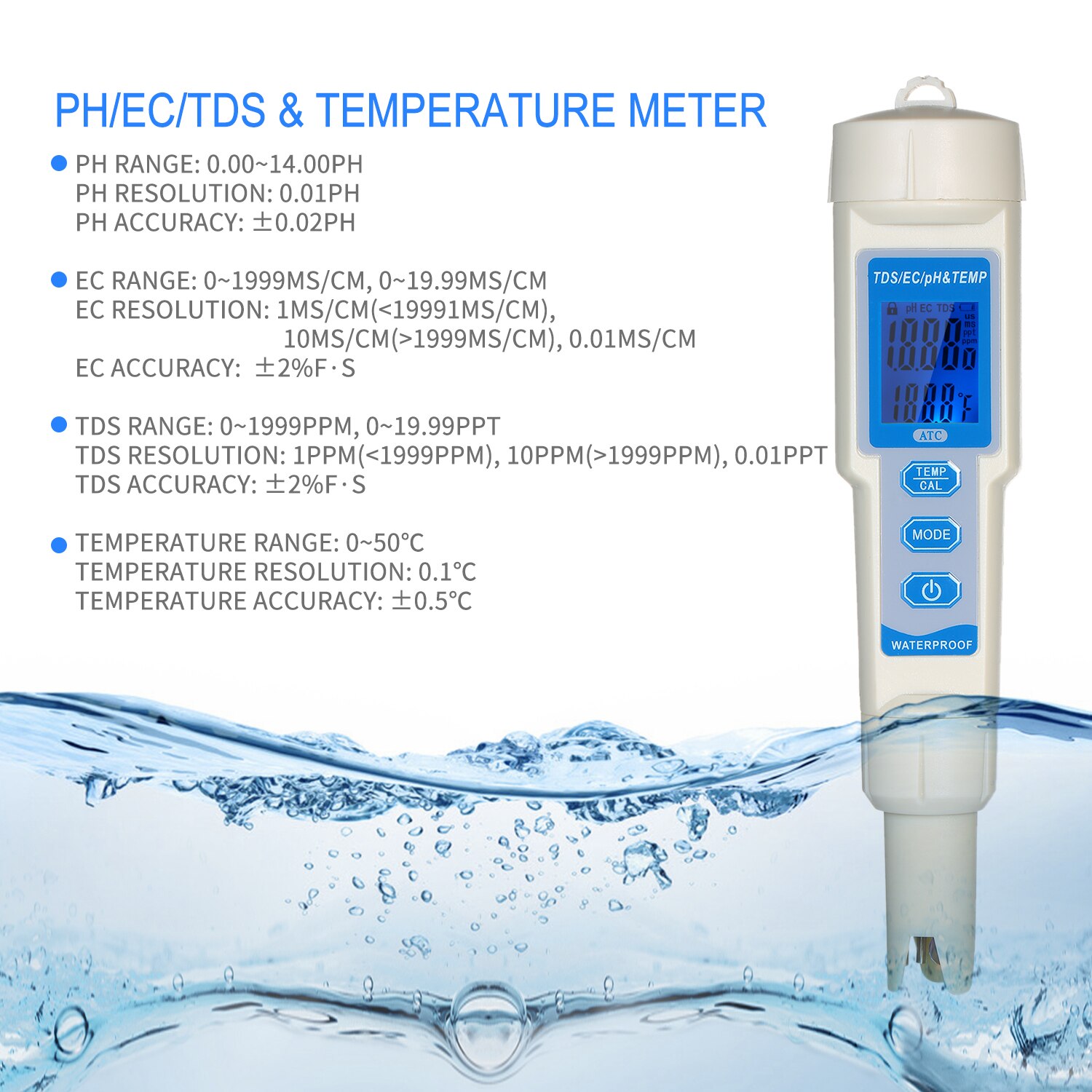 4-in-1 Water Tester Pen Waterproof Water Analysis Instrument PH/EC/TDS & Temperature Meter PH Meter TDS Meter