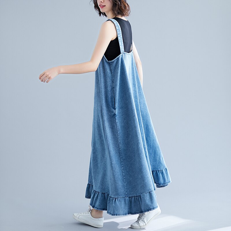 Superaen Koreaanse Lange Denim Jurken Voor Vrouwen Dames Ruches Casual Mouwloze Zomer Blauwe Lange Maxi Jurk