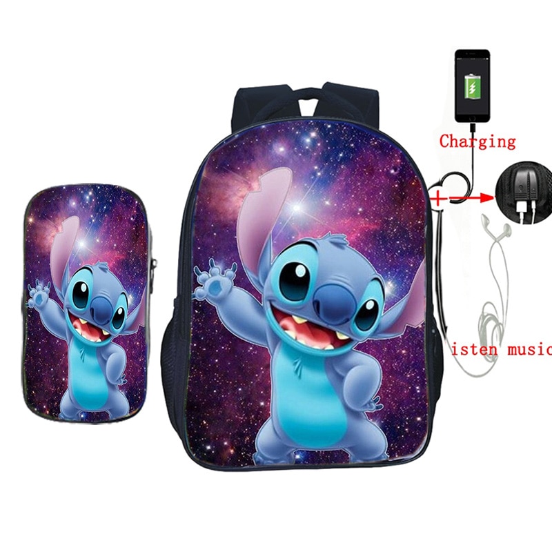 USB Opladen Rugzak Jongens Meisjes Stitch Gedrukt Rugzak Schooltassen met Etui 2 stks/set Casual Reizen Shouler Rugzak