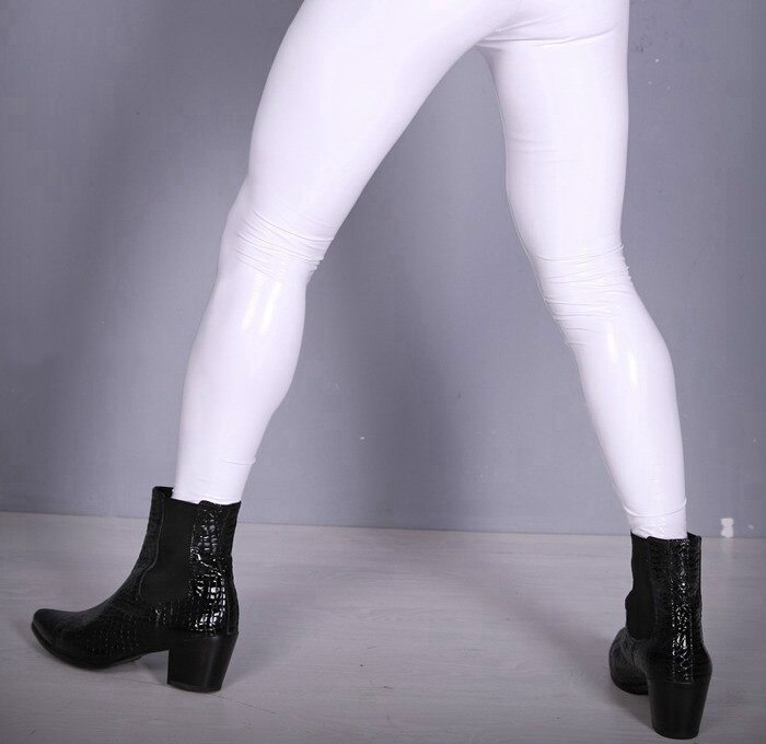 Sexede mænd bukser pvc latex imiteret læder elastiske skinny pencil bukser scene pencil bukser punk moto stil gay wear plus str.: Hvid / Xxl
