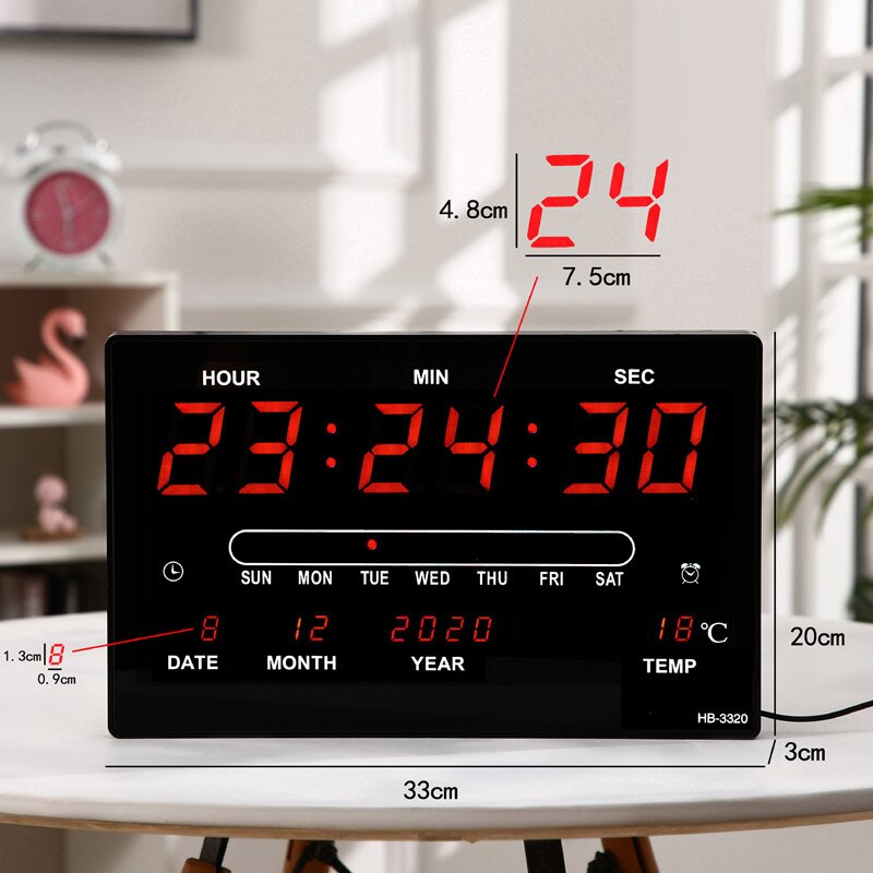 32x20x3CM Large Digital Wall Clock Alarm Hourly Chime Function Table Clock Calendar Temperature Electronic LED Clocks with Plug: Red