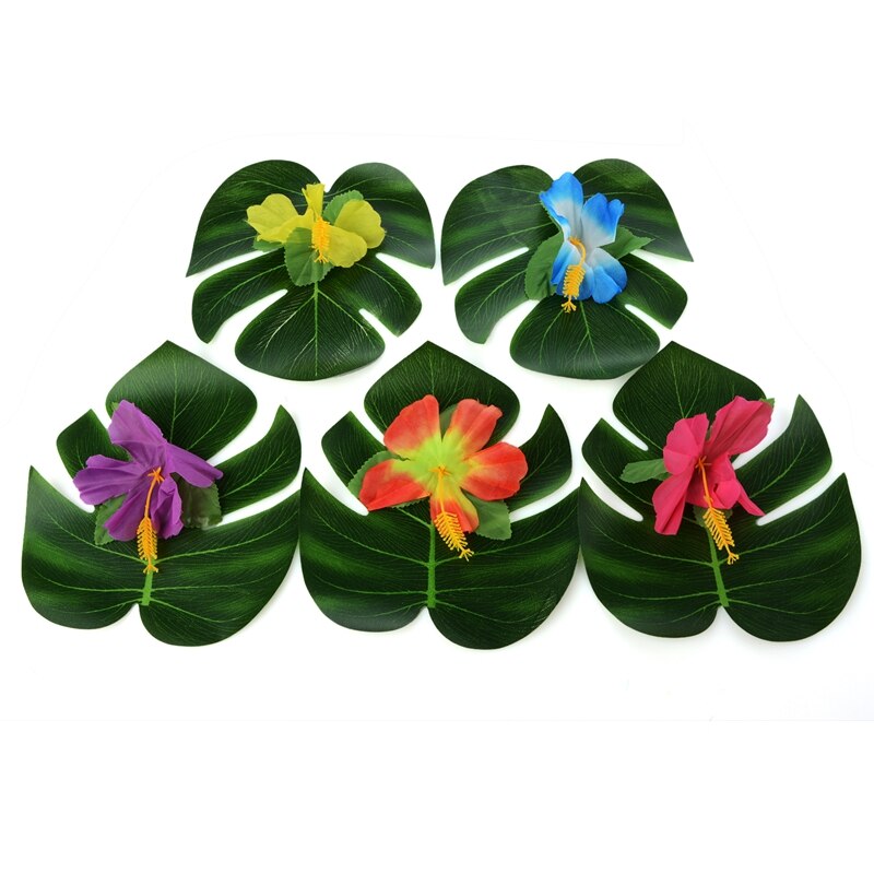 54Pcs/set Party Decor Supplies Tropical Palm Leaves Hibiscus Flowers Simulation Leaf For Hawaiian Jungle Beach Party DIY Decor