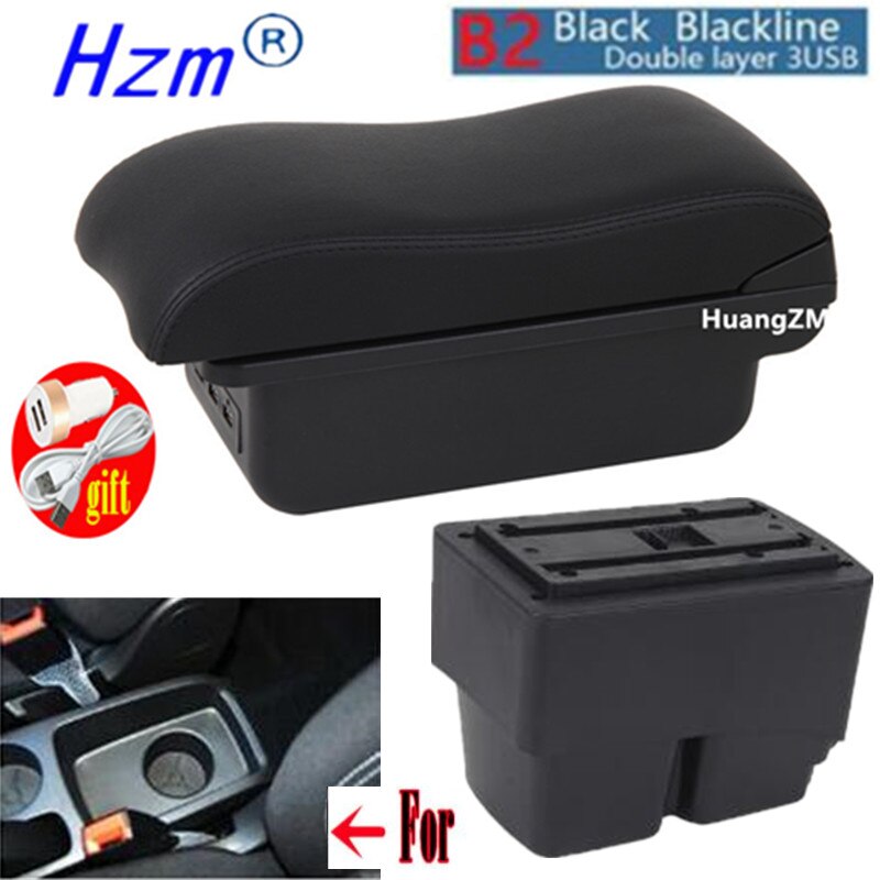 For Ford Fiesta Armrest box For Ford Fiesta MK7 central Store Centre Console box with USB LED light: B2 style black line