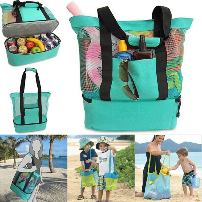 Outdoor Handheld Lunch Bag Cooler Picnic Bag Mesh Beach Tote Bag Food Drink Storage