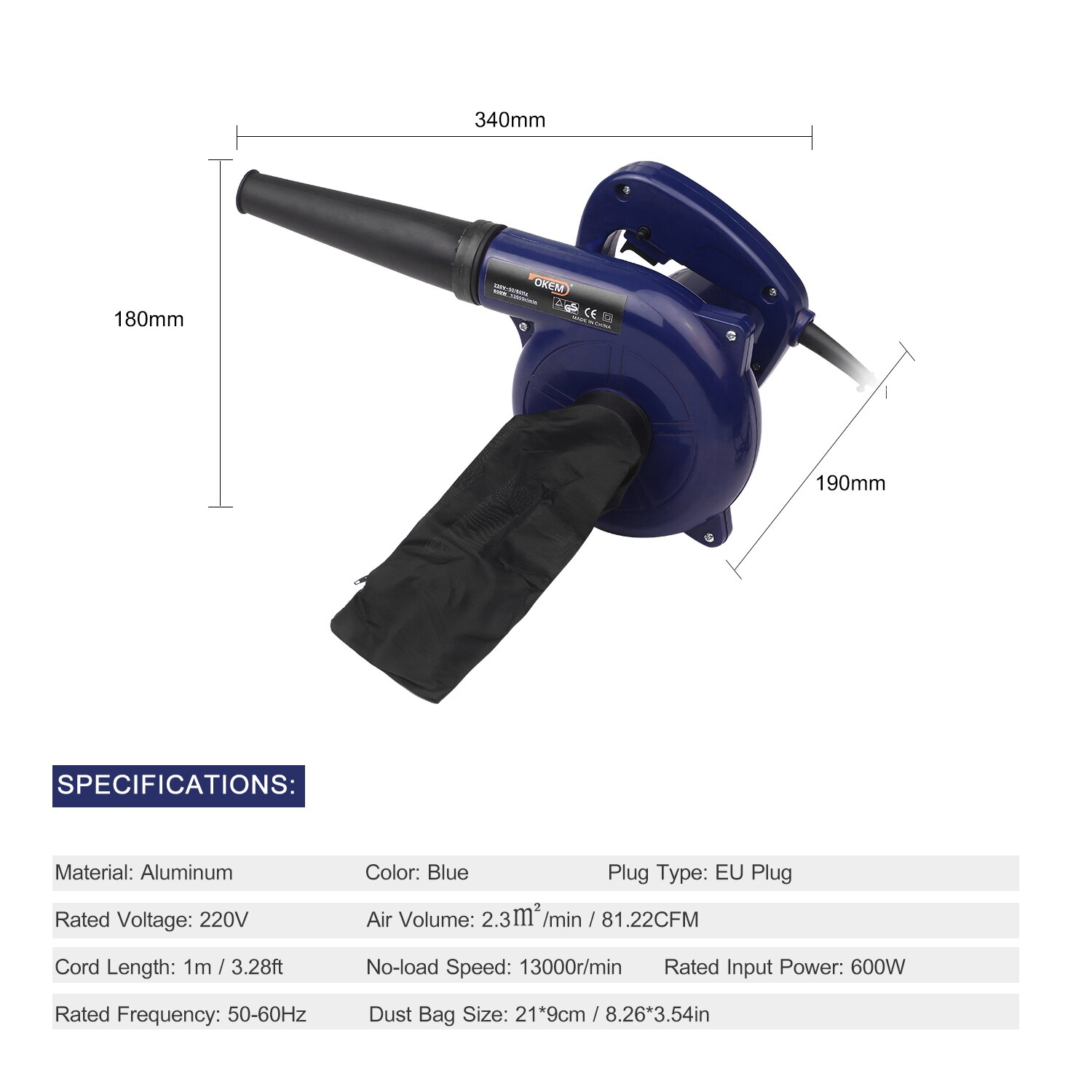 Soplador eléctrico de hojas con cable, 600W, 3 en 1, aspiradora potente para inflables con bolsa de recolección de polvo y boquilla cónica