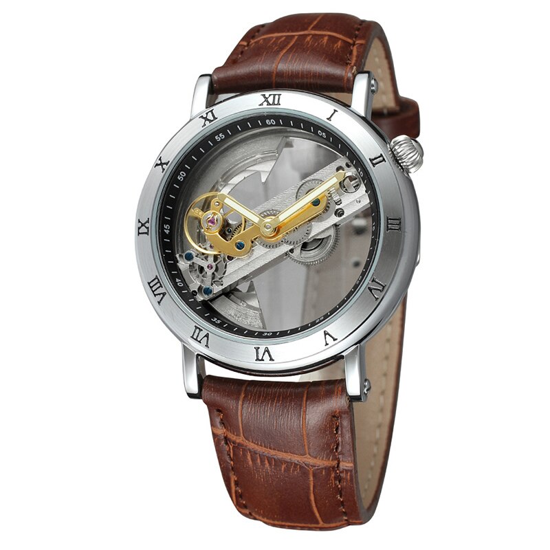 Speciale Transparante Case Skeleton Sport Mannelijke Waterdichte Mechanische Horloges Heren Lederen Automatische Tourbillon Horloges: silver brown