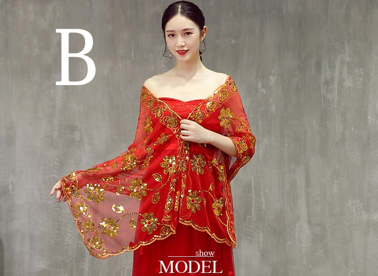 Kvinder cheongsam rød guldblå aftenomslag sjal paljetter blonder wrap med lang kvast formel bryllupsfest damer bolero: B rød guld paillet