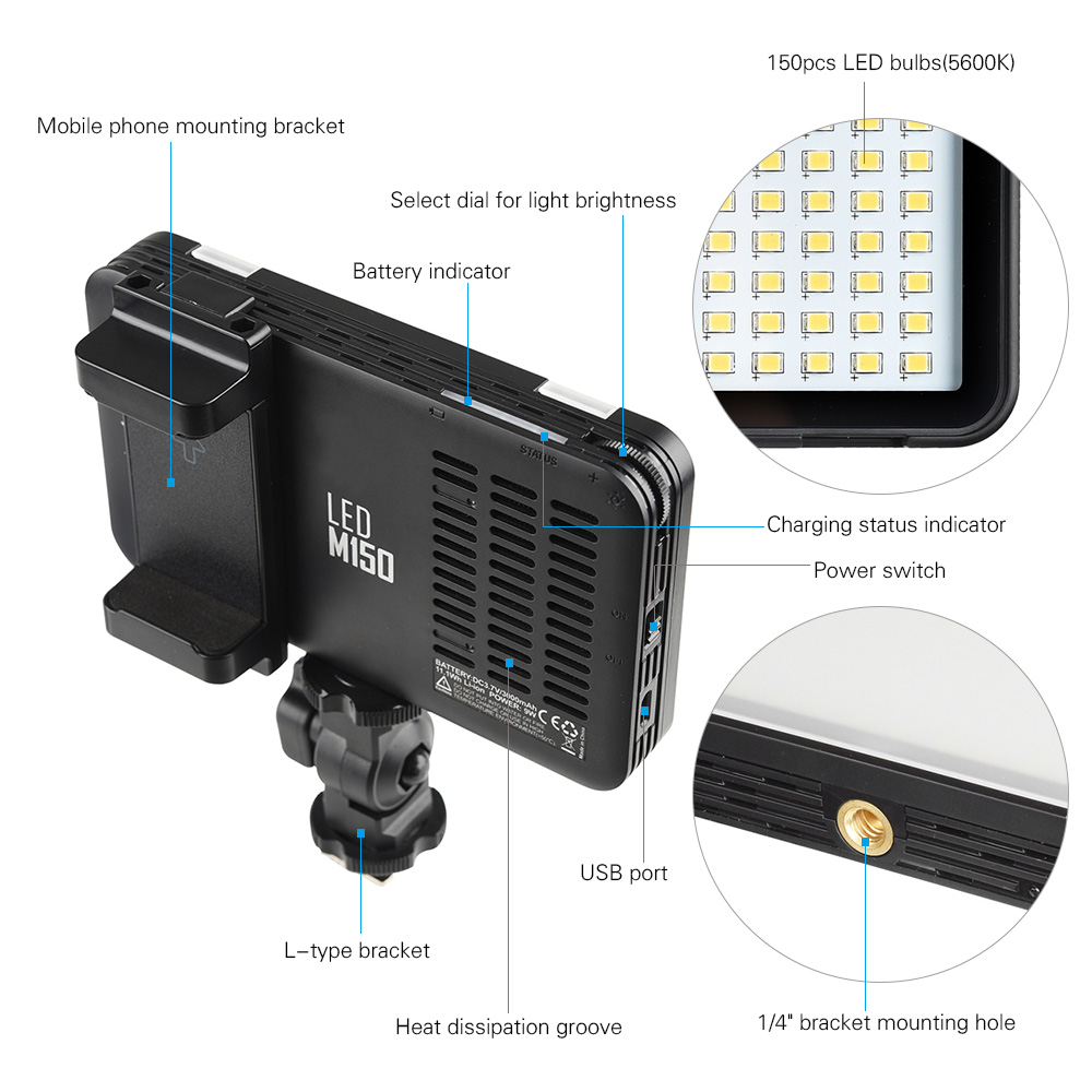 Godox LEDM150 Mini LED Video Light 5600K Dimmable Photography Fill-in Light with Adjustable Phone Mounting Bracket for DSLR Cam