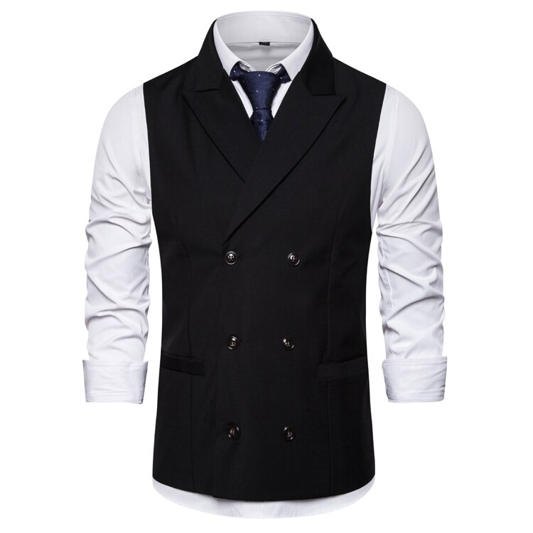 Fit Mens Suit Vest Peak Lapel Double-breasted Vests for Men: Black / L