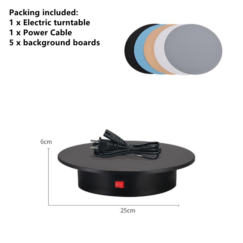 25cm 360 Degree Electric Rotating Photography Rotating Turntable Display Stand for Jewelry Product Display 3D Scan Pan and 5Back: Black