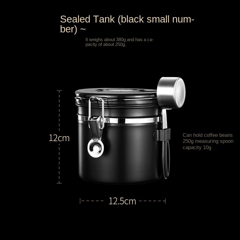Vacuum Unidirectional Exhaust Coffee Bean Container with Spoon Airtight Jar Stainless Steel Canister Food Storage Containers: 1200ml black