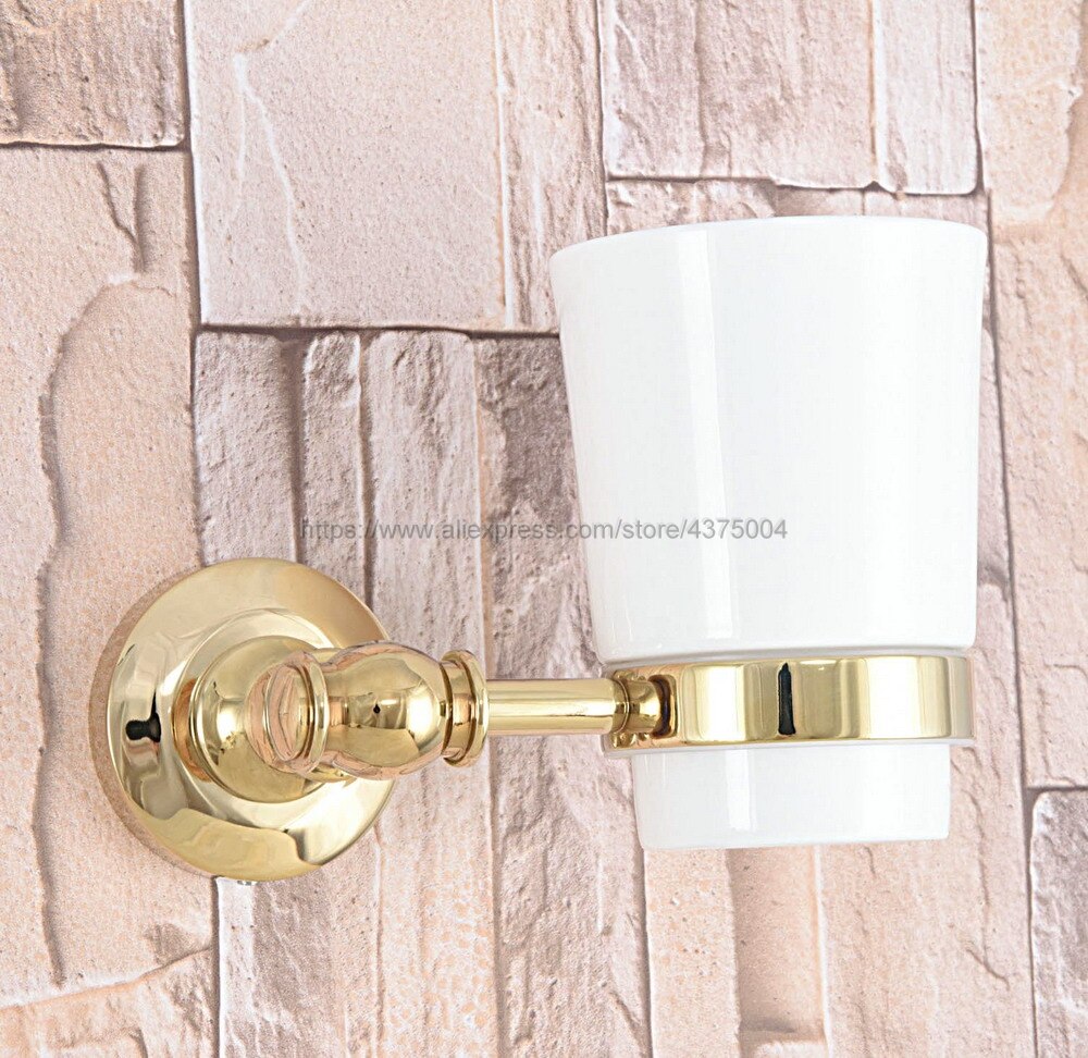 Luxe Goud Kleur Messing Badkamer Bekerhouder Keramische Enkele Bekerhouder Badkamer Cup Rack Holder Badkamer Accessoires Nba310