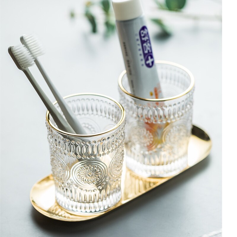 300ml Luxury Glass Couple Mouthwash Cup Pair Home Hotel Miaojin Wash Cup Three-piece Set Modern Bathroom Decoration Accessories: E-3pcs