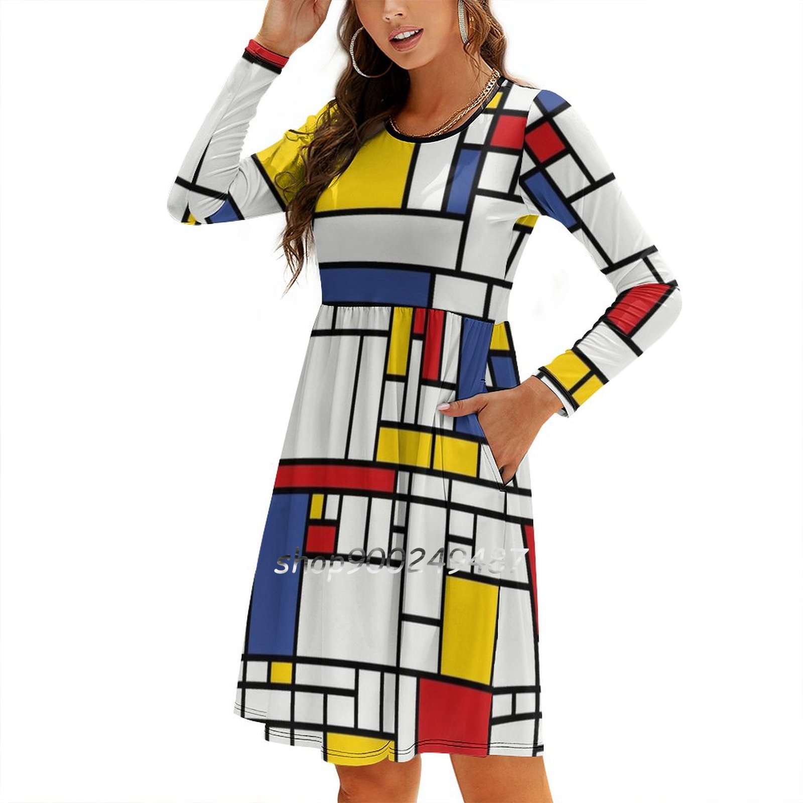 Piet Mondrian Square Neck Dress Cute Loose Print Dresses Beach Party Dress Piet Mondrian Mondrian Piet Mondrian Art The: M / Ivory