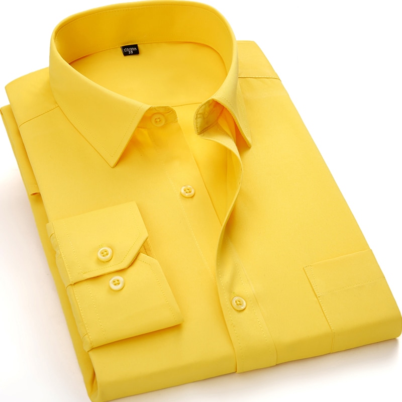 Mens Shirt Plus Size 4XL 5XL 40% Cotton 60% Polyester Pocket Casual for Spring Summer Solid Yellow Asian Size ZWXBS1203