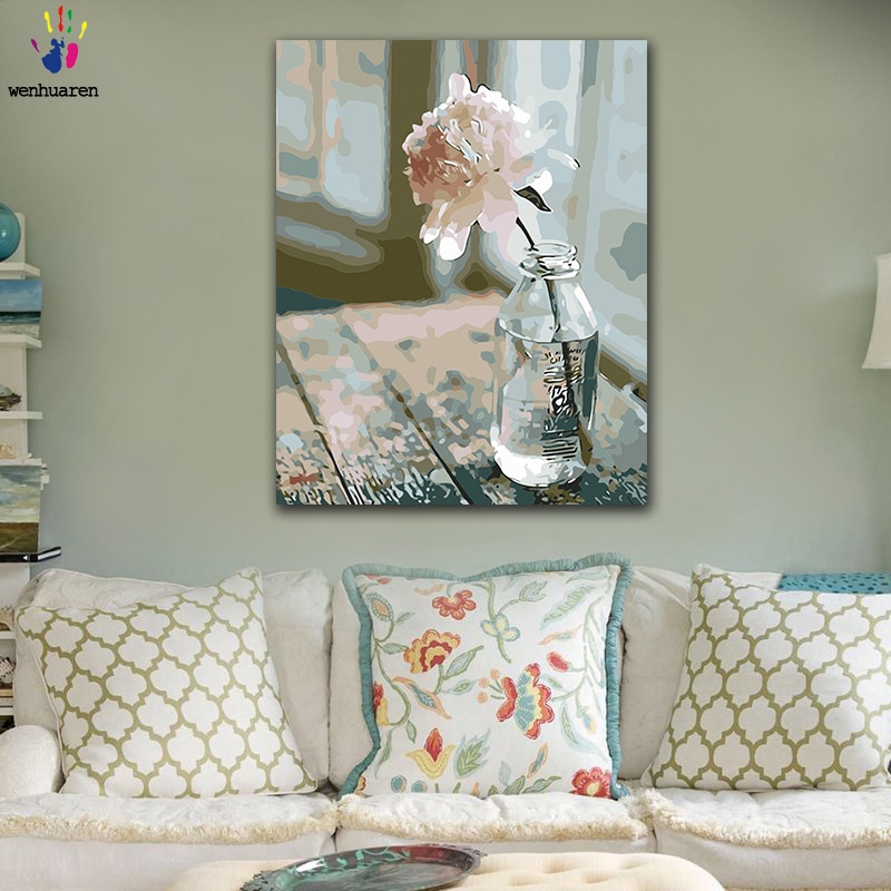 DIY para colorear pintura por números clavel de color claro en el alféizar de la ventana figuras pinturas por números con kits 40x50 enmarcado