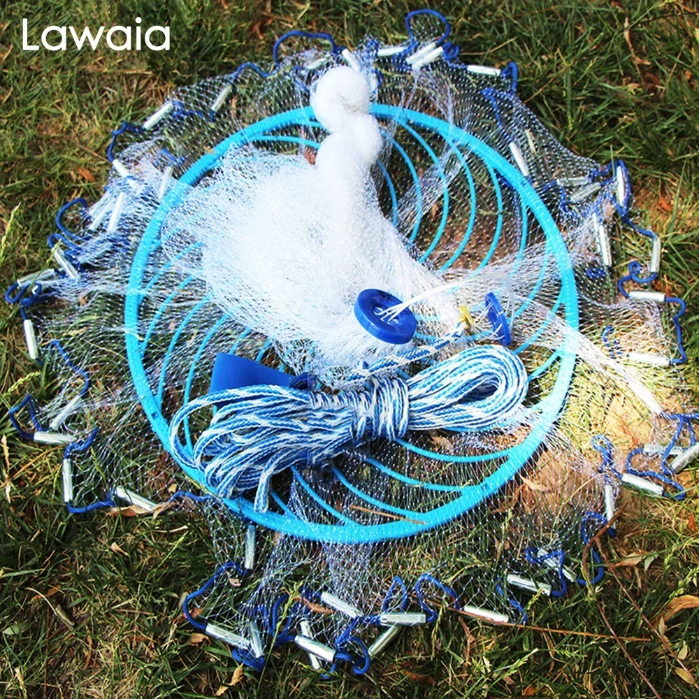 Lawaia diep gat gegoten netto lron stalen hangers hete verkoop visnet blauwe ring Amerikaanse stijl kleine mesh vangst vis gieten netwerk