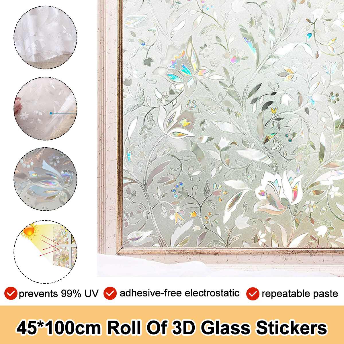 Self-adhesive Rainbow Glass Films Sticker Static Decorative Privacy Anti UV No Glue for door and window