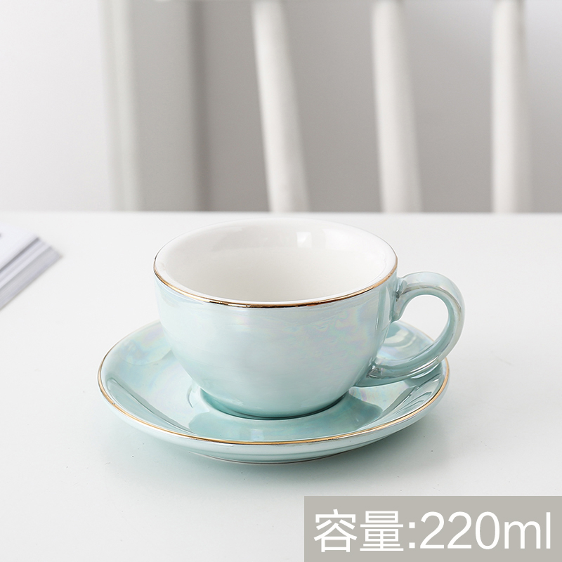 Europese Keramische Kopje Koffie Gold Lijn Parel Glazuur Koffiekopje Schotel Set Thuis Cafe Plezier: Sky blue-220ml