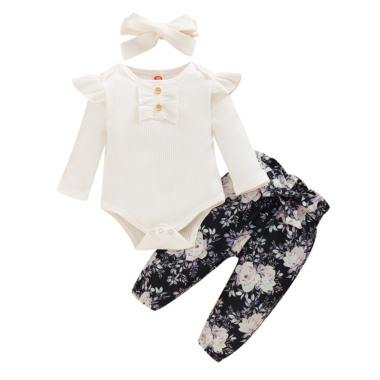 Vêtements pour bébés -né pour filles, barboteuse unie à volants, pantalon Floral, bandeau, vêtements d'hiver: WHITE / 9M