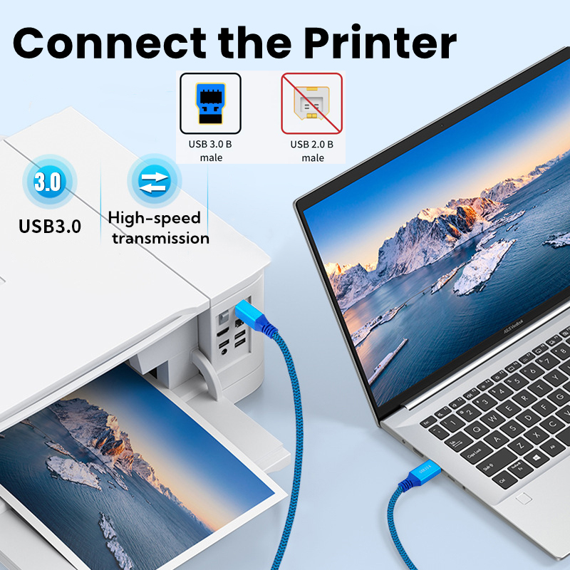 90 Degree USB 3.0 B Data Cable A To Right Angle B Nylon Braided Cord for PC Docking Station External Hard Drives Scanner Printer