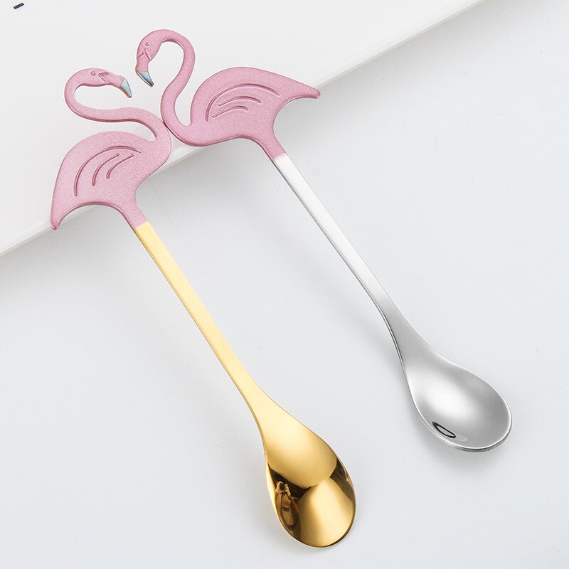 Cuillère à café flamant rose créative en acier inoxydable 304, cuillère à mélanger à peinture plaquée titane, tasse suspendue, cuillère