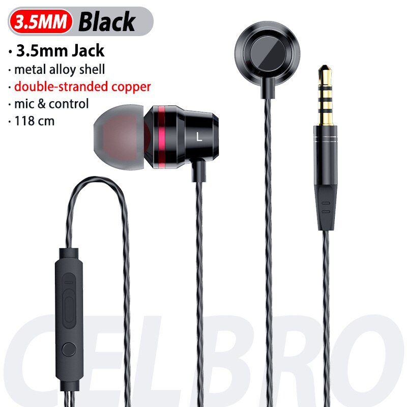 Auriculares con cable Tipo C, Auriculares internos profesionales con micrófono para Xiaomi Realme, Huawei y Samsung: black 3.5mm plug