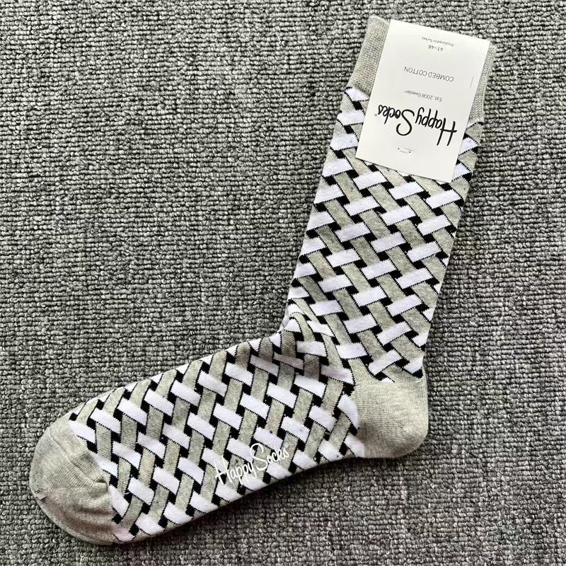 Happy Socks Men's Diamond Check Socks Four Seasons Pure Cotton Geometric Pattern Sports Socks Size 41-46
