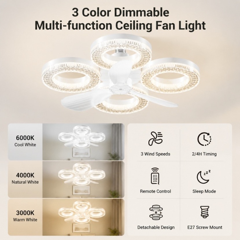 E27 LED Ceiling Fan Light 60W 3CCT Dimmable 3 Speeds Silent Fan Lamp for Bedroom Living Dining Room Home Fans Decor Lighting