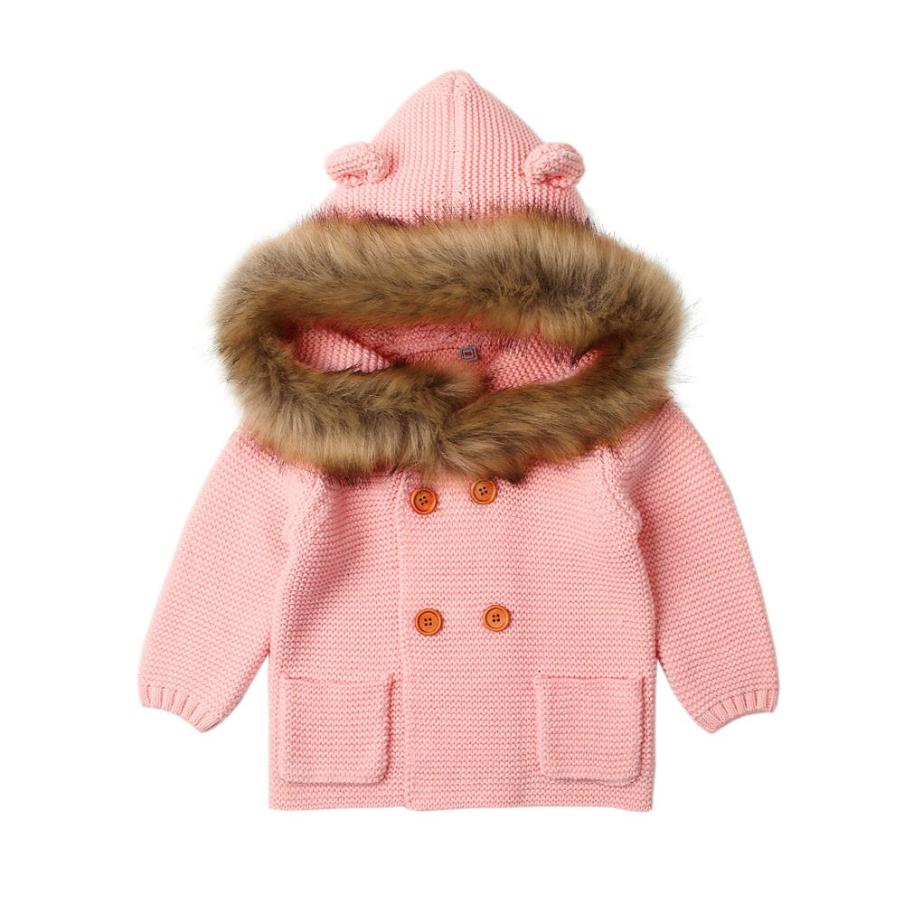 Babykleding kindertruien jongens capuchon bontkraag gebreide jas lange mouwen herfst- en winterjas babymeisje winterjas: Roze / 24m