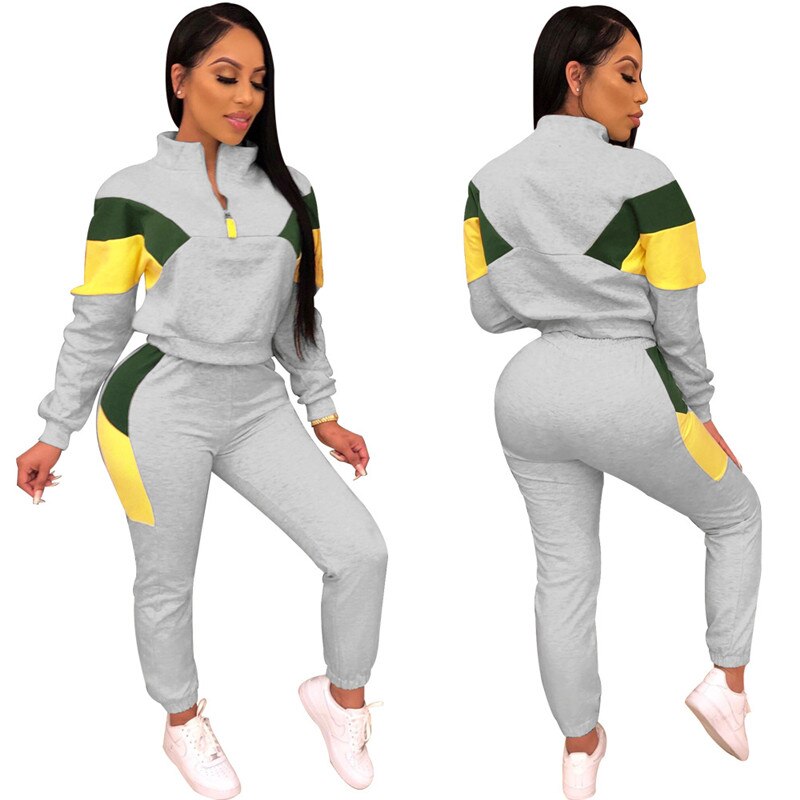 Winter Frauen Sport 2 Stück Trainingsanzug Farbe Patchwork Volle Hülse Drehen-unten Kragen Sweatshirt Hosen Casual Sweatsuit Outfits: gray suit / XXXL