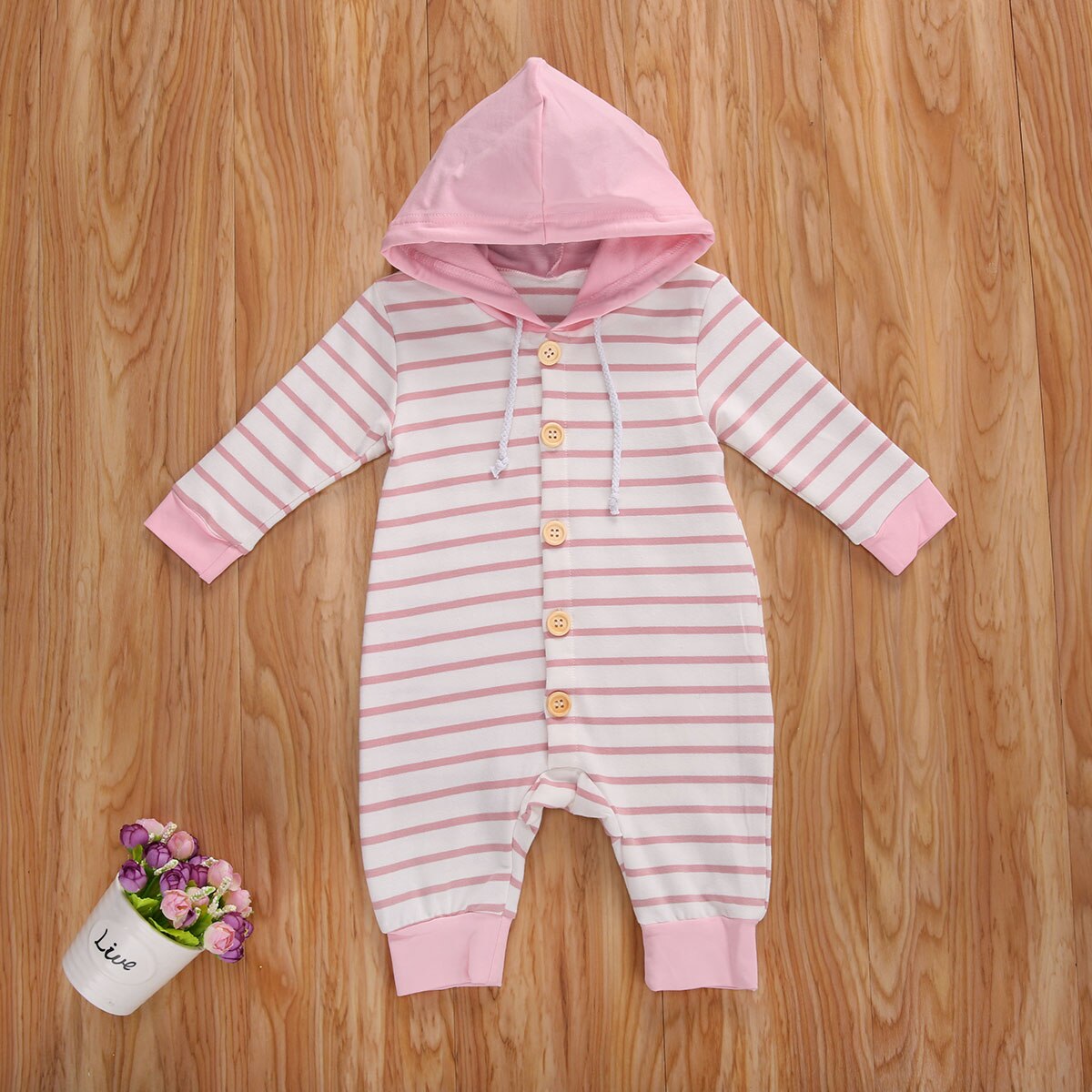 FOCUSNORM 0-24M Autumn Winter Baby Girls Boys Striped Rompers Hooded Long Sleeve Single Breasted Jumpsuits