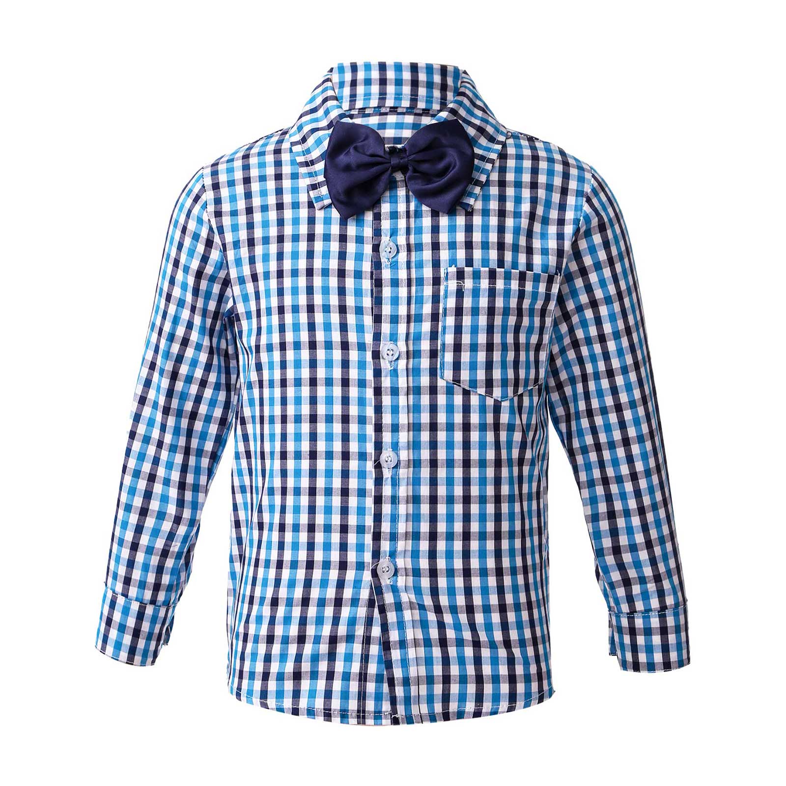 Camisas a cuadros de para niños, ropa de algodón de manga larga con lazo, camisas para bebés, primavera y otoño, de 1 a 10 años: Dark Blue / 110