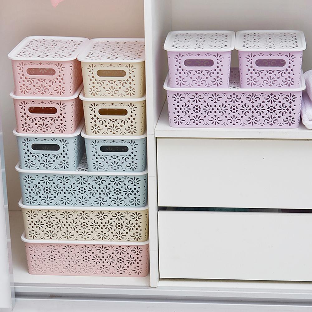 Panier de rangement en plastique en dentelle avec couvercle, grand panier de rangement de jouets divers pour la maison, panier de rangement pour vêtements A1I6