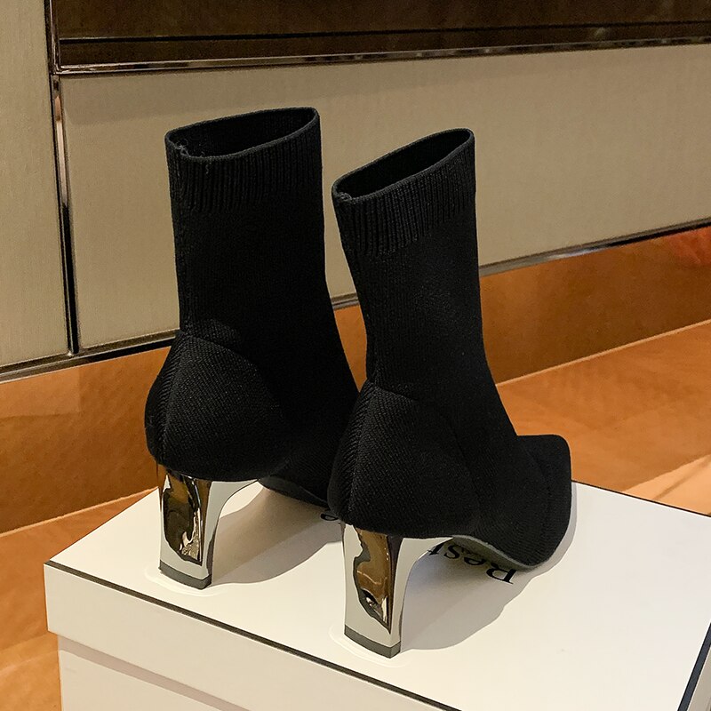 Aphixta botas curtas mulheres outono malha meias de tecido botas elásticas saltos finos finos magros botas de salto alto meias bota