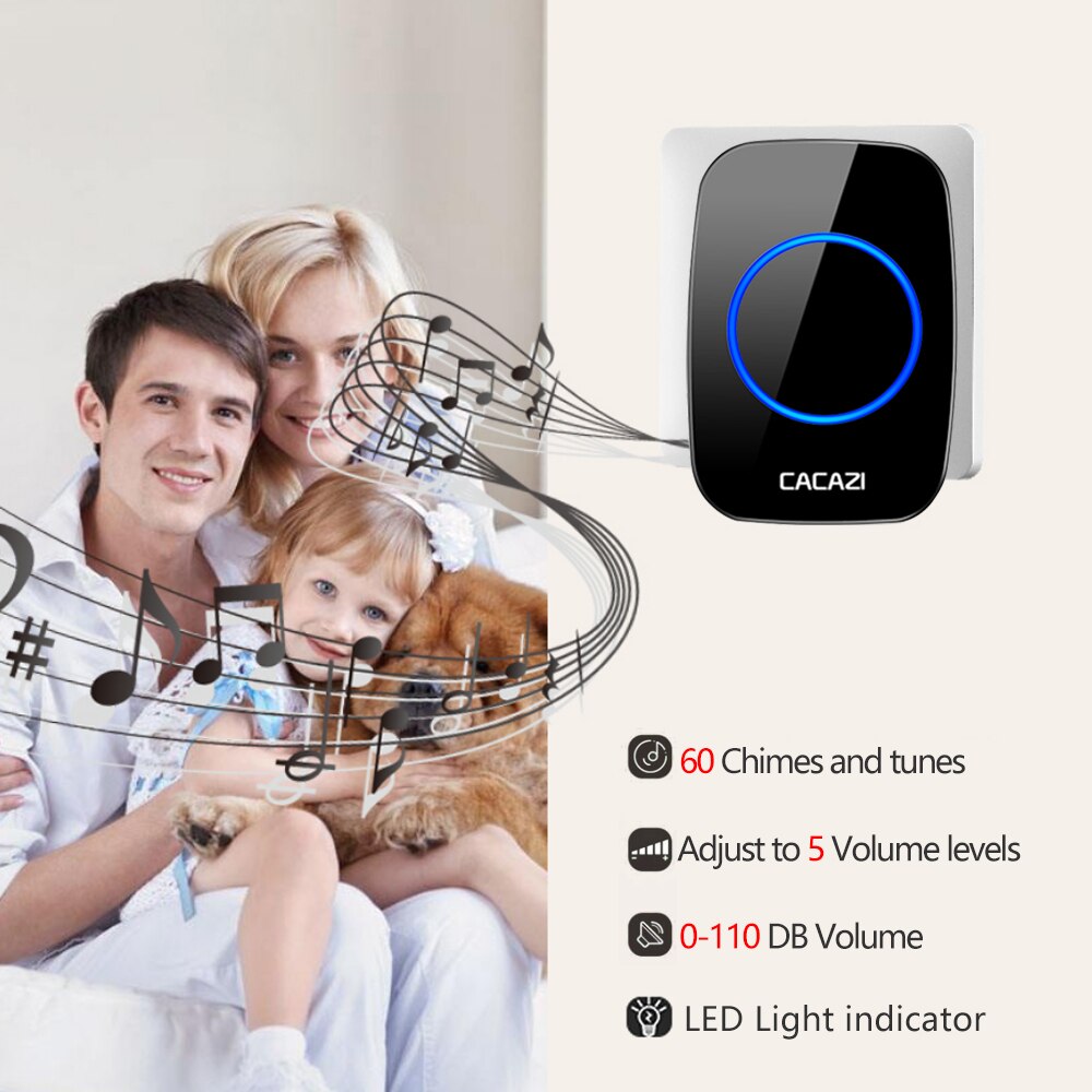 CACAZI Home Wireless Self-powered Doorbell No Battery Call Ring Bell US EU UK Plug 1 Transmitter 6 Receiver 60 Chimes 0-110 dB