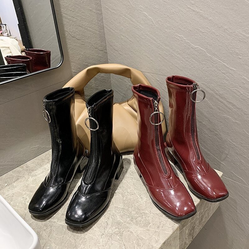 Ins dames enkellaarsjes outdoor laarzen dames enkellaarsjes metalen hak lakleer rits schoenen dames casual