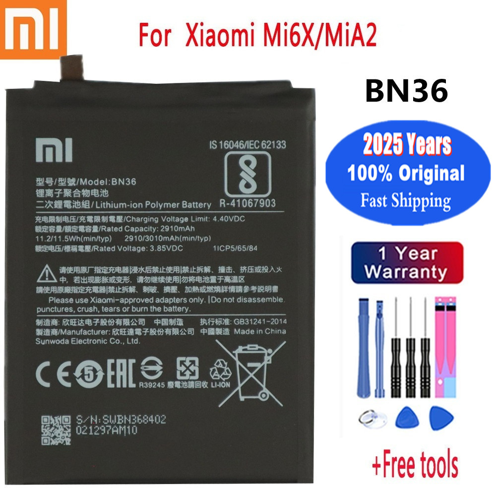Years BN36 Original Battery For Xiaomi Mi 6X A2 Mi6X MiA2 3000mAh Phone Batteries Bateria Fast + Tools: green