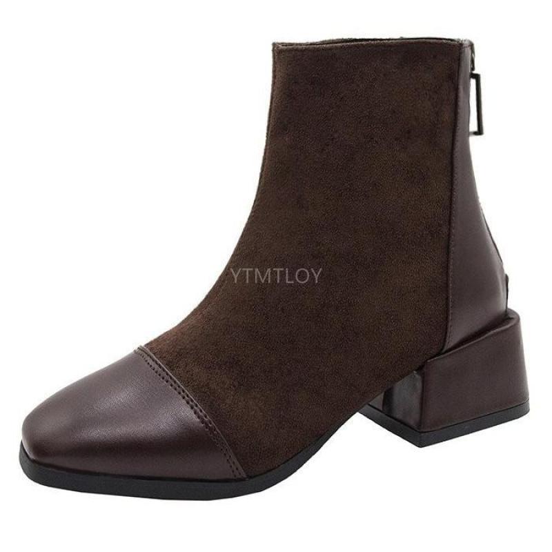 Kvinner ankelstøvletter dame semsket skinn glidelås firkantet tå pu lær hælsko kvinner chunky kvinnelige chelsea boots: Brun / 41