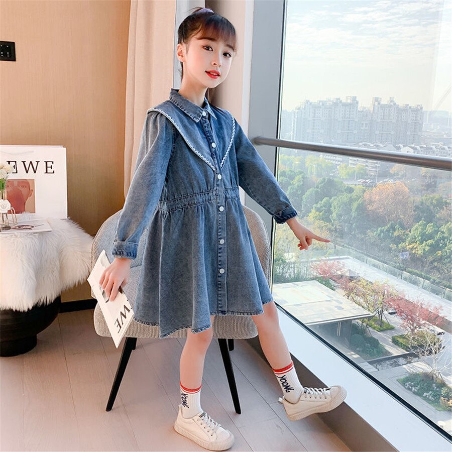 Big Size Girls Denim Jacket Autumn Jeans Jacket Coats Baby Girls Long Coats Windbreaker3-13 Years Kid Outerwear Children