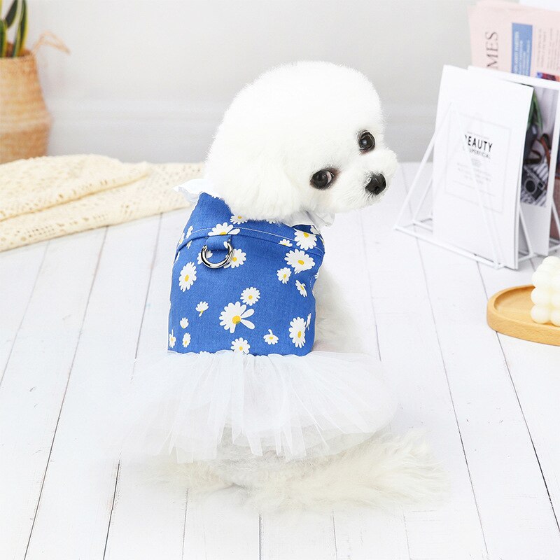 Denim Floral Print Dog Dress Gauze Dog Skirt Teddy Cute Princess Dress For Small Dogs Pet Puppy Costume Dog Clothes