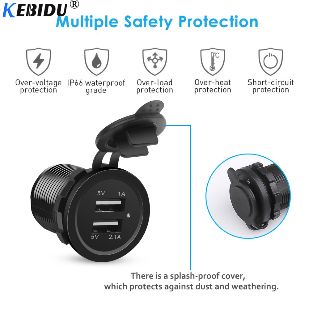 Kebidu universal duplo usb carregador de carro isqueiro usb veículo DC12V-32V à prova dwaterproof água carregador 2 porta tomada de energia 5v 2.1a/1a