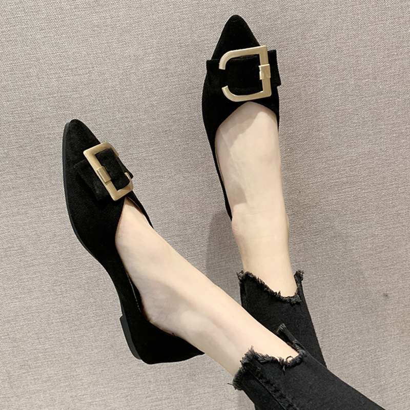 Spring Women Flats Black Pointed Toe Ballet Flats Metal Boat Shoes Woman Flock Casual Shoes Female Loafers Blue Khaki 7952C