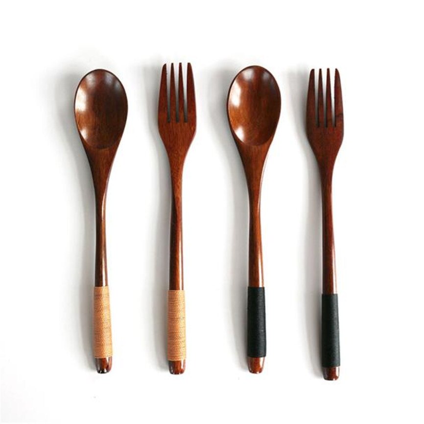 Colher de madeira de bambu cozinha utensílios de cozinha ferramenta sopa colher de chá catering colher de madeira + garfo de madeira