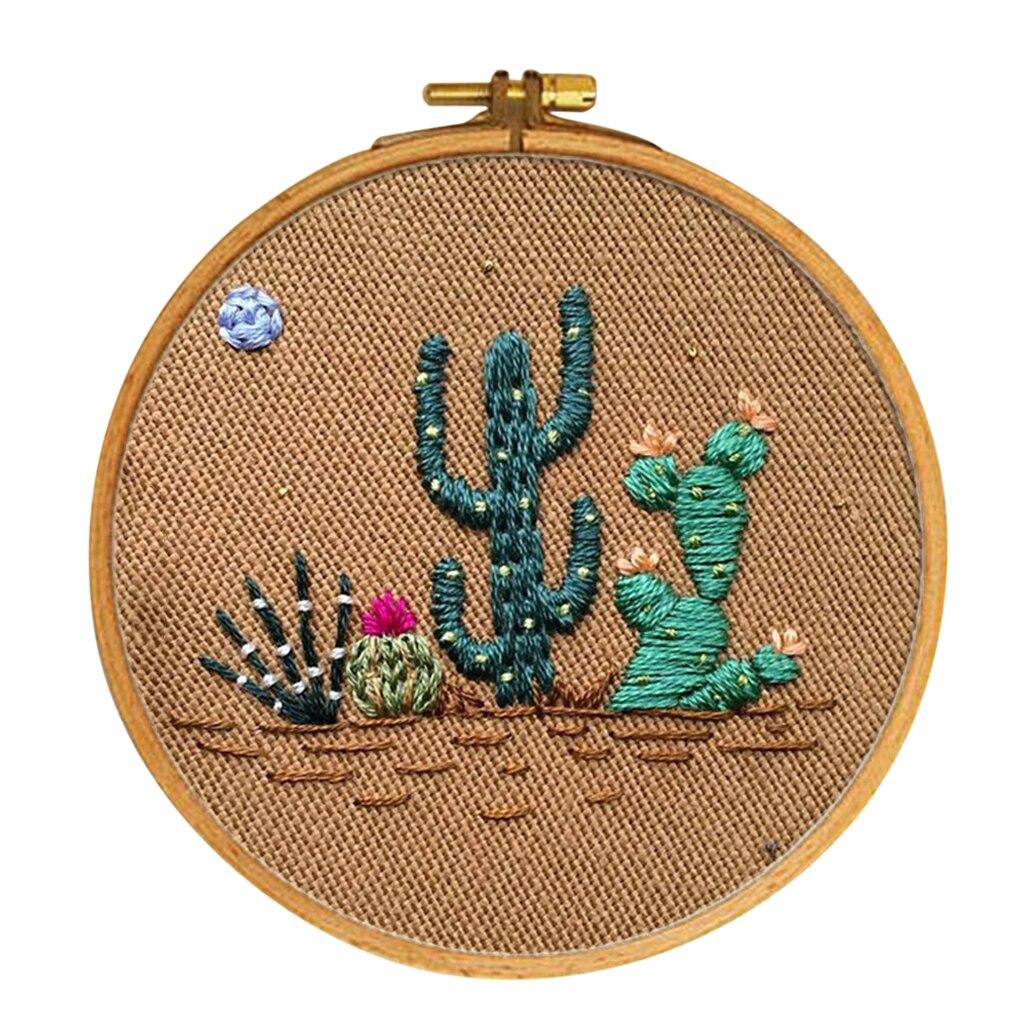 Full Range of Embroidery Starter Kits Cactus Pattern Including Embroidery Cloth, Threads, Needles and Hoop for Beginners