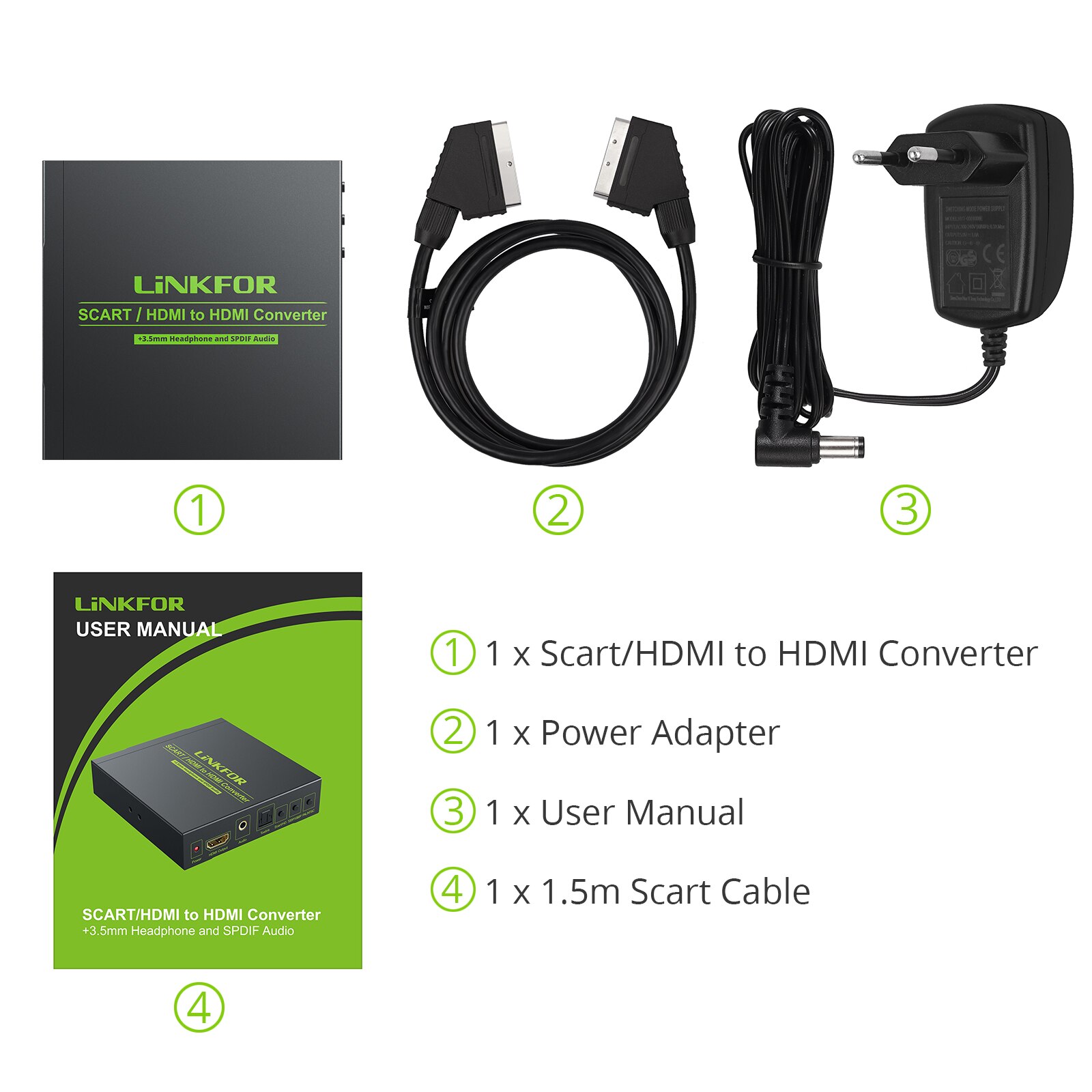 LiNKFOR SCART convertitore compatibile da HDMI a HDMI supporta segnali Video RGB e CVBS a HDMI 720P/1080P con jack da 3.5mm per HDTV: EU Plug