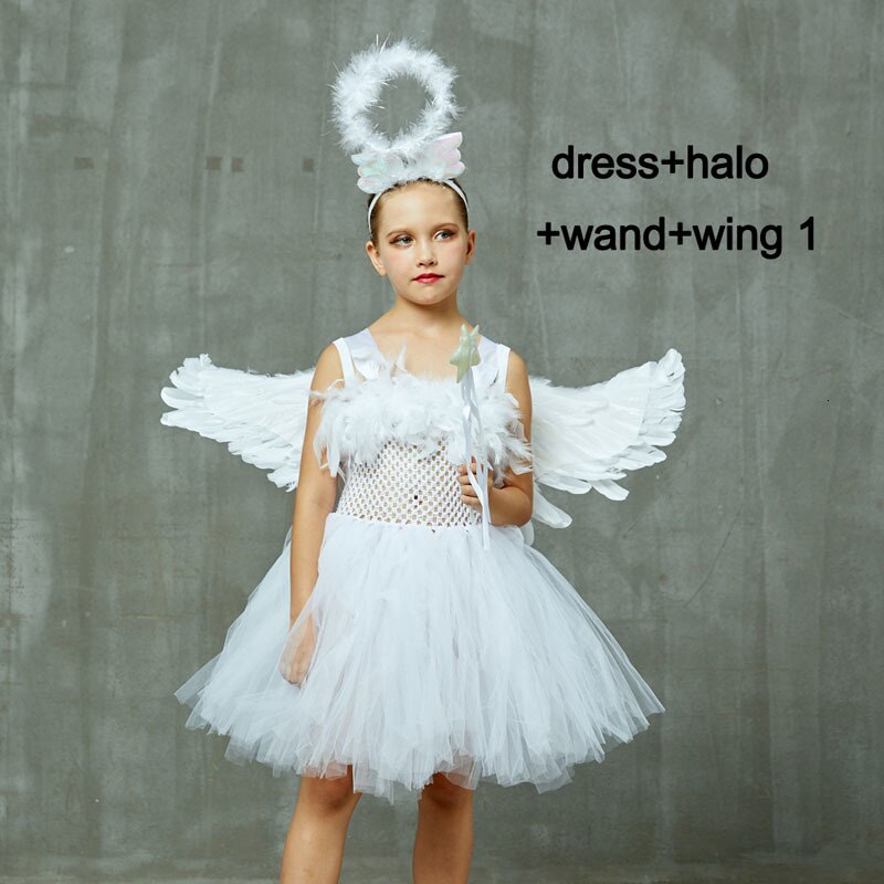 Wächter Engel Kinder Halloween Kostüm Weiß Feder Engel Mädchen Tutu Kleid mit Flügel & Halo Weihnachten Krippe Gabriel Kleidung: 4pcs set design 1 / 2T