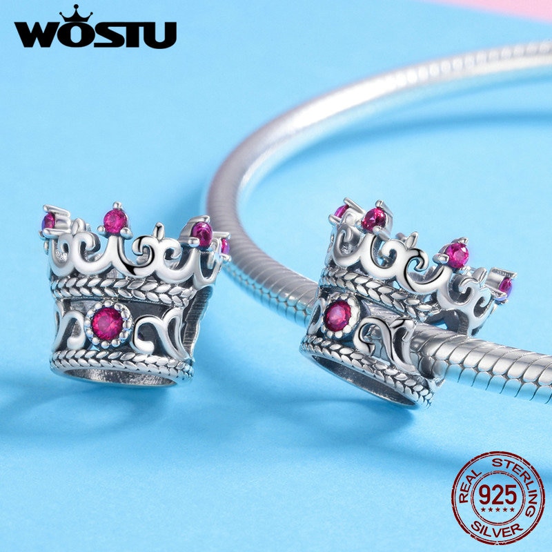 Wostu 100% 925 Sterling Silver Queen 'S Crown Roze Cz Bedels Fit Originele Armband & Ketting Vrouwen Mode-sieraden FIC776