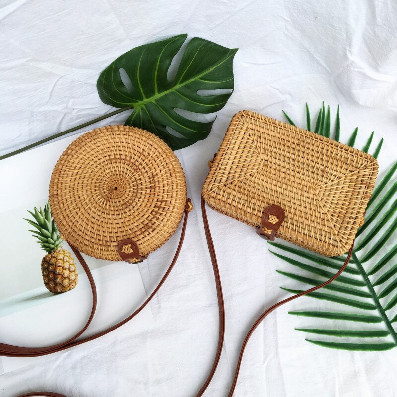 Bolsos de ratán de verano para mujer de bolso de paja cuadrado redondo bolso hecho a mano tejido de playa bandolera círculo bohemio bolsos de playa