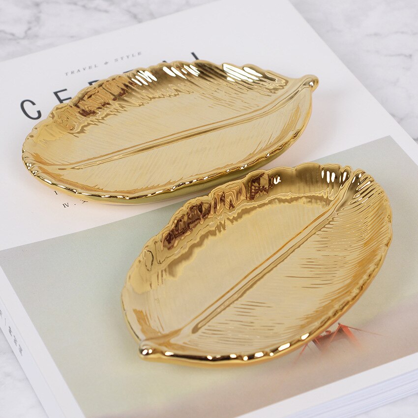 Nordic Ins Gold Leaf Ceramic Storage Tray Gold Leaf Jewelry Tray Dried Fruit Dish Home Decoration